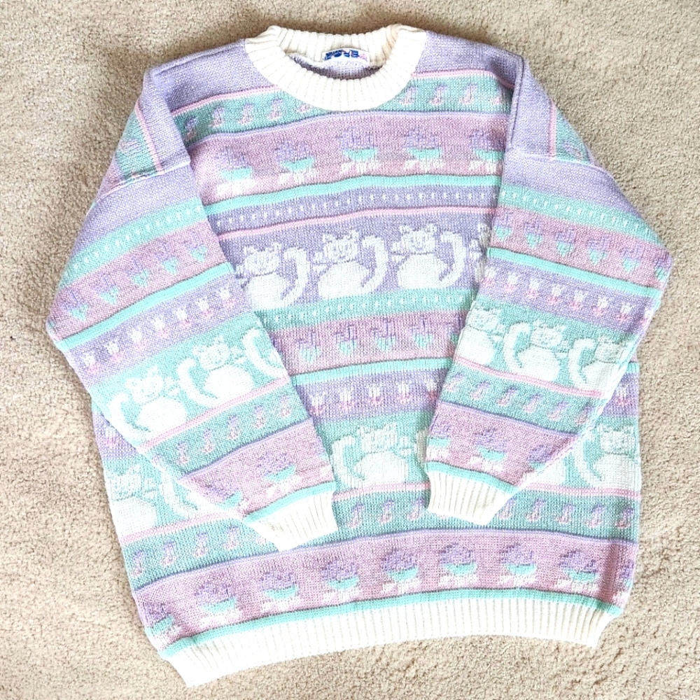 Vintage 1980s Rose Cats Fairy Kei Kawaii Pastel Sweater Sparkle Thread large - Picture 1 of 10